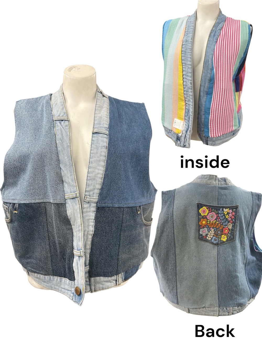 Shannon Passero Reversible Denim Patchwork Vest with Colorful Striped Lining